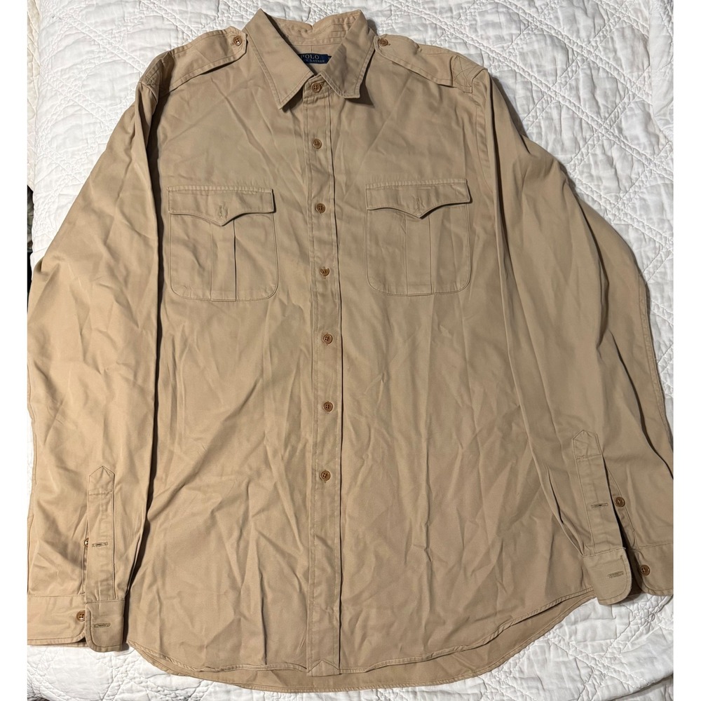 Polo Ralph Lauren Mens XXL Tan Khaki Military button Down Shirt Twill type 1